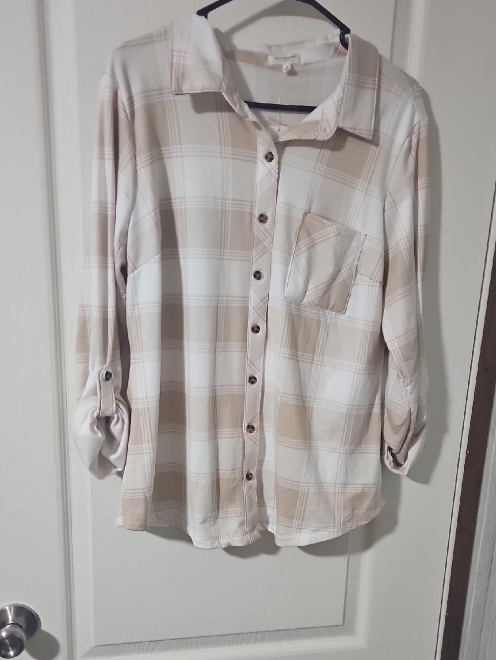 Stretchy Beige Plaid Button-Down Shirt - Casual Long Sleeve